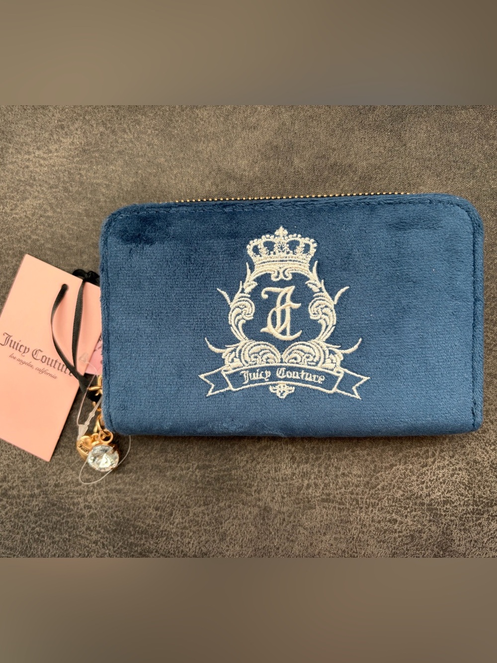Juicy Couture Blue Velvet Zip-Around Wallet with Embroidered Crest NWT